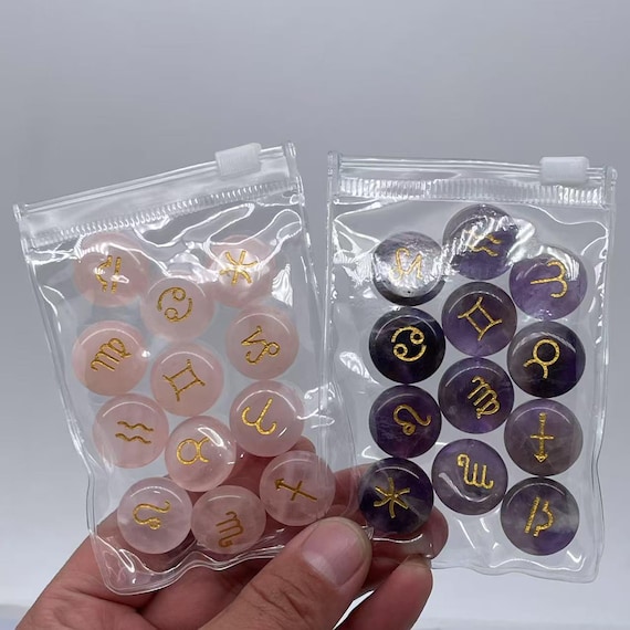 Natural Zodiac Runes of the Witch Set,Astrological Symbol，12 Stone Engraved ASTROLOGY Rune Set,Pocket Stones，Wiccan Runes,Healing crystal