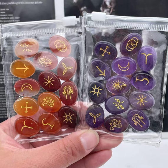 Natural Wiccan Rune Set,13 Stone WITCHES Rune Set,Witchcraft,witches runic symbols gemstone reiki healing crystals,Psychics ,Healing crystal