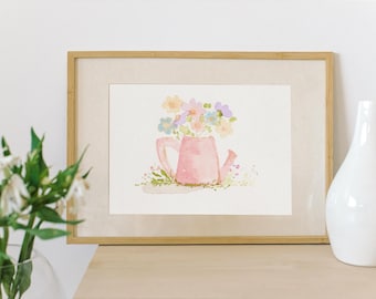 Flowers in a Watering Can Print, Art, Watercolor, Flowers, Wildflowers