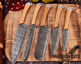 Ensemble de 5 couteaux de cuisine en acier damas, couteaux damas pleine soie, ensemble de chef barbecue unique, cadeau d'anniversaire de couteaux de chef damas pour homme
