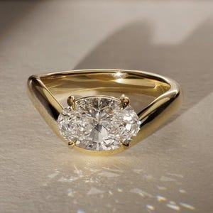 East West Solitaire Diamond Wedding Ring, Oval Cut Moissanite Engagement Ring, Simple Anniversary Gift Single Stone 14K Gold Diamond Ring
