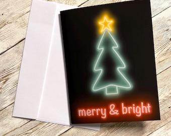 Weihnachtskarte – “Merry and Bright” Neon Lichter Baum – Moderne Weihnachtsgrüße – Festlicher Feiertag