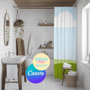 Shower Curtain Mockup 5 Shower Curtain Mockups Bathroom Curtain Mockups Canva Easy to Use Curtain Mock up Drag and Drop PNG Overlay