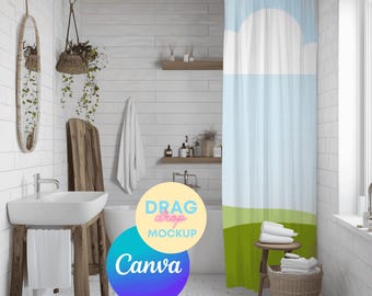 Shower Curtain Mockup 5 Shower Curtain Mockups Bathroom Curtain Mockups Canva Easy to Use Curtain Mock up Drag and Drop PNG Overlay