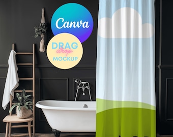 Shower Curtain Mockup 7 Shower Curtain Mockups Bathroom Curtain Mockups Canva Easy to Use Curtain Mock up Drag and Drop PNG Overlay