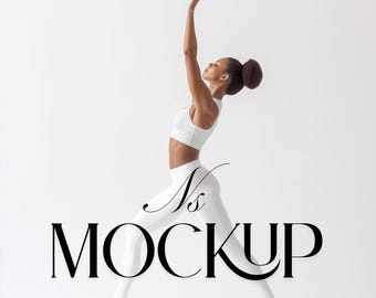 May include: A person in a white sports bra and leggings is in a yoga pose with one arm raised. The word "MOCKUP" is displayed in large, black, serif font. The background is plain white.