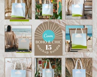 May include: A collection of 15 tote bag mockups featuring various backgrounds and settings. The bags are white with a light blue sky and green grass design. Canva Boho & Chic 15 Mockup Bundle text is displayed in the center of the image.