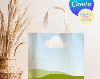 Mockup för tygväska 12 Canva-mallar Naturlig bomullscanvas Boho-mockup för tygväska Anpassningsbara mallar för utskrift på begäran Drag&Drop