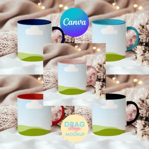 May include: Collection of coffee mugs with various interior and handle colors, including blue, teal, pink, red, and black. Each mug features a sky and landscape design with a cloud and green hills. The word "Canva" is visible.
