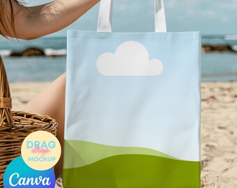 Mockup för tygväska 1 Canva-mallar Naturlig bomullscanvas Boho-mockup för tygväska Anpassningsbara mallar för utskrift på begäran Drag&Drop