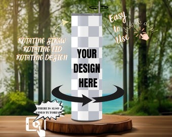 1 Canva Tumbler Drag and Drop Mockup, Rotating Tumbler Mockup, 20oz Rotating Tumbler for Canva, Lid and Straw Canva Preset Mock Up Template