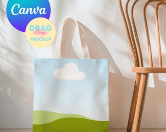 Mockup för tygväska 13 Canva-mallar Naturlig bomullscanvas Boho-mockup för tygväska Anpassningsbara mallar för utskrift på begäran Dra och släpp