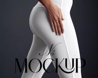 May include: White athletic leggings with a high waistband and a side panel detail. The leggings are shown in a side view, with a hand resting on the leg. The text "Ns MOCKUP" is displayed in a stylized font.