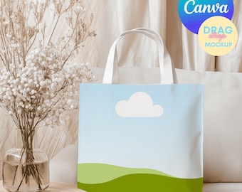 Mockup för tygväska 11 Canva-mallar Naturlig bomullscanvas Boho-mockup för tygväska Anpassningsbara mallar för utskrift på begäran Dra och släpp