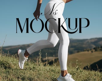 May include: A person running in white athletic wear, including leggings, a sports bra, and sneakers with red accents. The word "MOCKUP" is displayed in large, black, elegant font. The background features a grassy field and a blue sky.