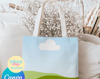Mockup för tygväska 10 Canva-mallar Naturlig bomullscanvas Boho-mockup för tygväska Anpassningsbara mallar för utskrift på begäran Drag&Drop