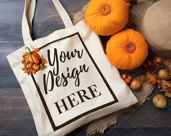 Mockup di borsa in tela naturale a tema Halloween, mockup di borsa in tela di Halloween con zucche, mockup di modello autunnale, download digitale PSD/JPEG