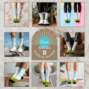 May include: A collection of eight sock mockups. The socks are white with a light blue cloud design and a green and black heel and toe. The image includes people wearing the socks in various settings, including on a skateboard.