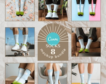 Sublimation Sock Mockup Bundle for Canva – Easy Drag & Drop White Crew Socks with Black Heels – High-Quality PNG Mockups