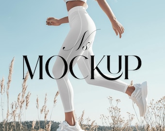 May include: A person running in white athletic wear, including a crop top, leggings, and sneakers. The image has the text "Ns MOCKUP" in black. The background is a clear blue sky and dry grass.