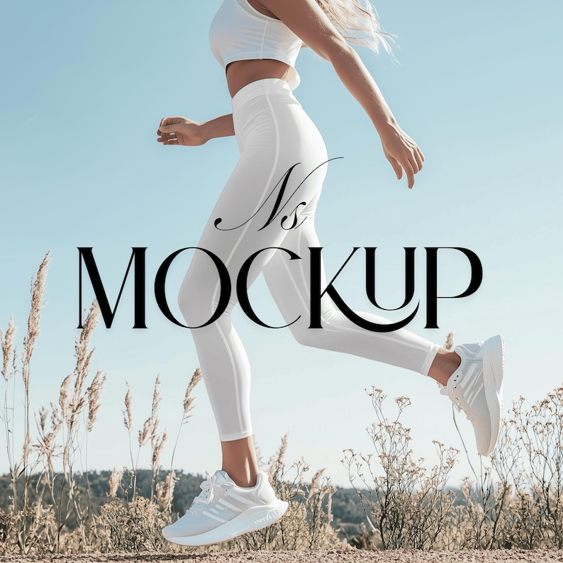 May include: A person running in white athletic wear, including a crop top, leggings, and sneakers. The image has the text "Ns MOCKUP" in black. The background is a clear blue sky and dry grass.