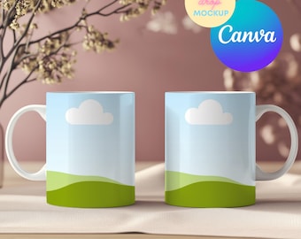 May include: Two white ceramic mugs with a blue sky and green grass design. The mugs feature a white cloud in the sky and a handle on the right side.
