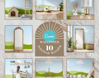 May include: A collection of 10 Canva wallpaper mockups. The images feature various interior scenes with a whimsical landscape design, including a dog house, sofa, mirror, and a child playing. The text "Canva Wallpaper 10 mockup bundle" is displayed.