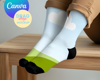 Sublimation Sock Mockup for Canva – Easy Drag & Drop White Crew Socks with Black Heels – High-Quality PNG Mockups