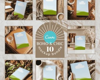10 Boho and Chic Hardcover Journal Mockup Templates for Canva | Agenda Cover Template Bundle | Notebook Cover Mockup Bundle | Drag and Drop