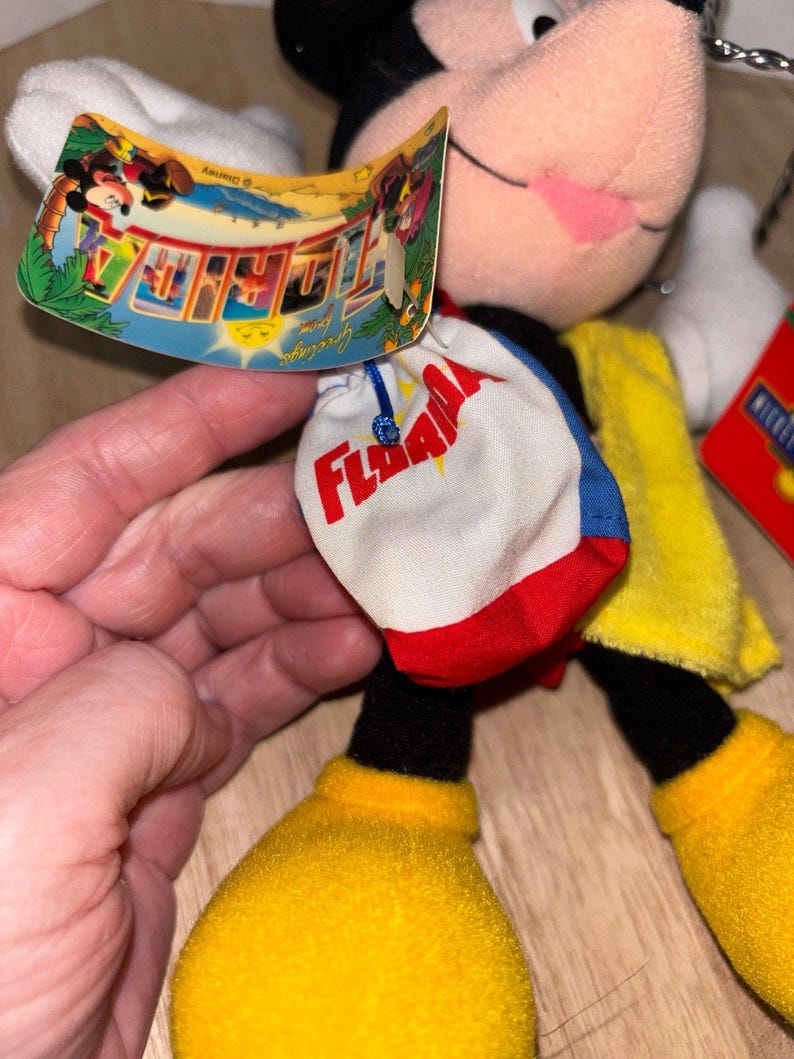 May include: A plush Mickey Mouse toy wearing a yellow cape and carrying a white, red, and blue bag with the word FLORIDA printed in red. A curved cardboard tag attached to the bag features the text Greetings from FLORIDA and a Disney logo.