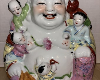 Vintage Chinese Porcelain 8” Tall Laughing Buddha With 5 Children Stamped Red