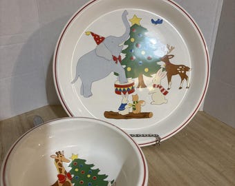 Vintage Mikasa Julkul Tallrik Och Skål Set Elefant Hjort Kanin Träd Giraff