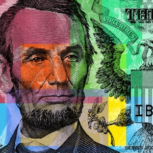 May include: A close-up of a US dollar bill featuring a portrait of Abraham Lincoln with a green, red, and blue color scheme. The bill also features the words "E Pluribus Unum" and "The United States of America".