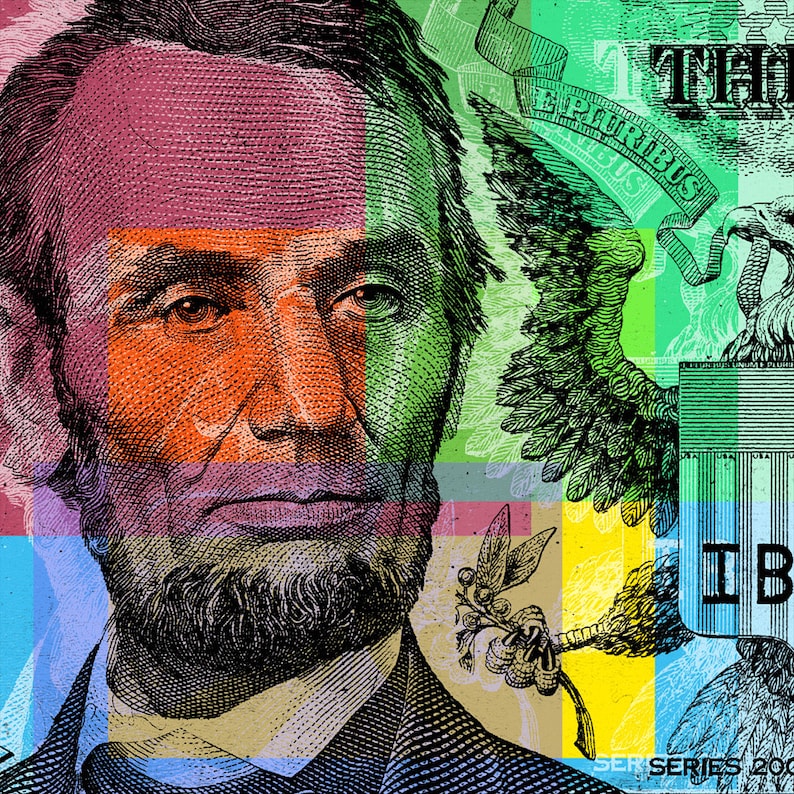 May include: A close-up of a US dollar bill featuring a portrait of Abraham Lincoln with a green, red, and blue color scheme. The bill also features the words "E Pluribus Unum" and "The United States of America".