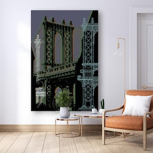 May include: A black and white abstract art print of the Brooklyn Bridge in New York City. The bridge is depicted in a geometric style with a green and blue color overlay.