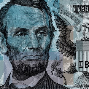 May include: A close-up of a blue and white US dollar bill featuring a portrait of Abraham Lincoln. The bill also features the words "In God We Trust" and "E Pluribus Unum".