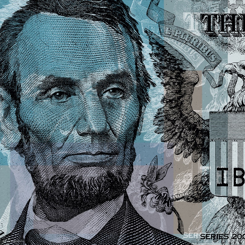 May include: A close-up of a blue and white US dollar bill featuring a portrait of Abraham Lincoln. The bill also features the words "In God We Trust" and "E Pluribus Unum".