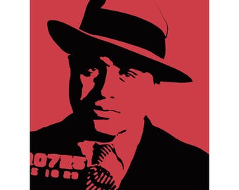 May include: A black and white illustration of a man wearing a fedora and a suit. The background is red. The man's face is serious and he is looking directly at the viewer. The text "10725" is visible on the image.
