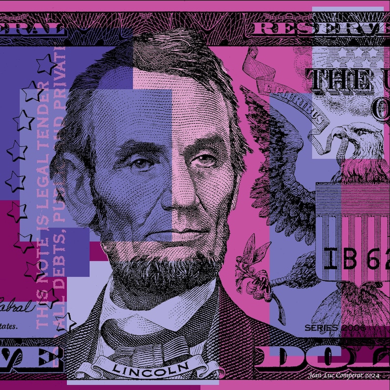 May include: A close-up of a US dollar bill with a portrait of Abraham Lincoln. The bill is in a pink, blue, and purple color scheme. The text "THIS NOTE IS LEGAL TENDER FOR ALL DEBTS, PUBLIC AND PRIVATE" is visible on the left side of the bill. The text "THE UNITED STATES OF AMERICA" is visible on the right side of the bill.