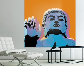 Puede incluir: Una imagen colorida de estilo pop art de una estatua de Buda azul y negra sobre un fondo naranja.