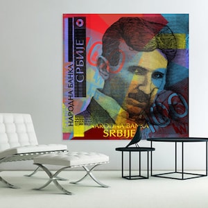 May include: A colorful abstract collage featuring a portrait of Nikola Tesla, with the text "NARODNA BANKA SRBIJE" in black and white. The image is a stylized representation of a Serbian banknote.