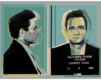 Johnny Cash mugshot Pop Art Warhol style - teal or taupe background