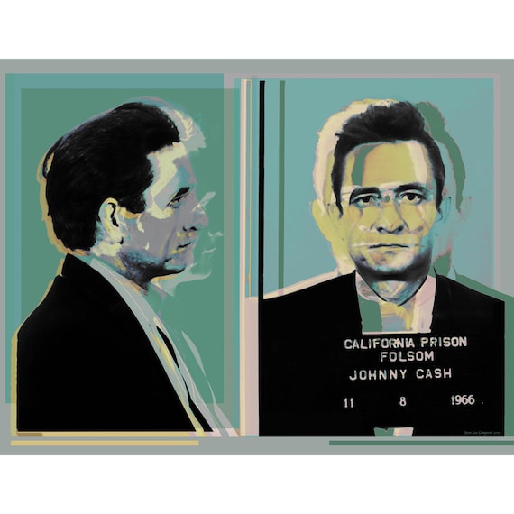 Johnny Cash mugshot Pop Art Warhol style - teal or taupe background