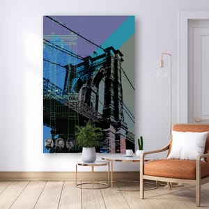 May include: A colorful abstract art print featuring a black and white image of the Brooklyn Bridge with a blue, green, and purple background.