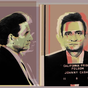 May include: A vintage-style mugshot of Johnny Cash with a red, green, and yellow color scheme. The text "CALIFORNIA PRISON FOLSOM JOHNNY CASH 11 8 1966" is printed below the image.