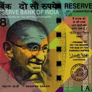 May include: A colorful Indian 200-rupee banknote featuring a portrait of Mahatma Gandhi. The note includes text in English and Hindi, with the Reserve Bank of India seal and the number 8 prominently displayed.