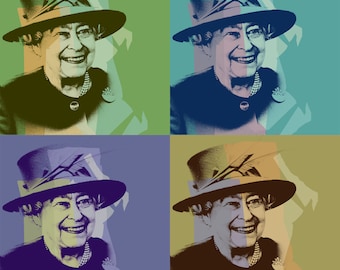 Queen Elizabeth Pop Art Warhol style 4 panels print on canvas