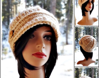 Crochet Womens Newsboy Winter Hat Beanie with wooden buttons - Cream, Gray, Oatmeal, Black, Light Gray  - Handmade  by Angel Chest Boutique