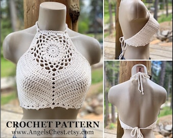 Crochet Halter Top - Crop top -  Bikini Top - Bralette - Bohemian Festival Halter by AngelsChest - Crochet Pattern No. 81