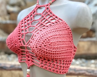 Crochet Halter Top TANGERINE  - Festival top - Modern top - Hippie - Boho top - Sexy crop top - Summer wear - Bralette by AngelsChest